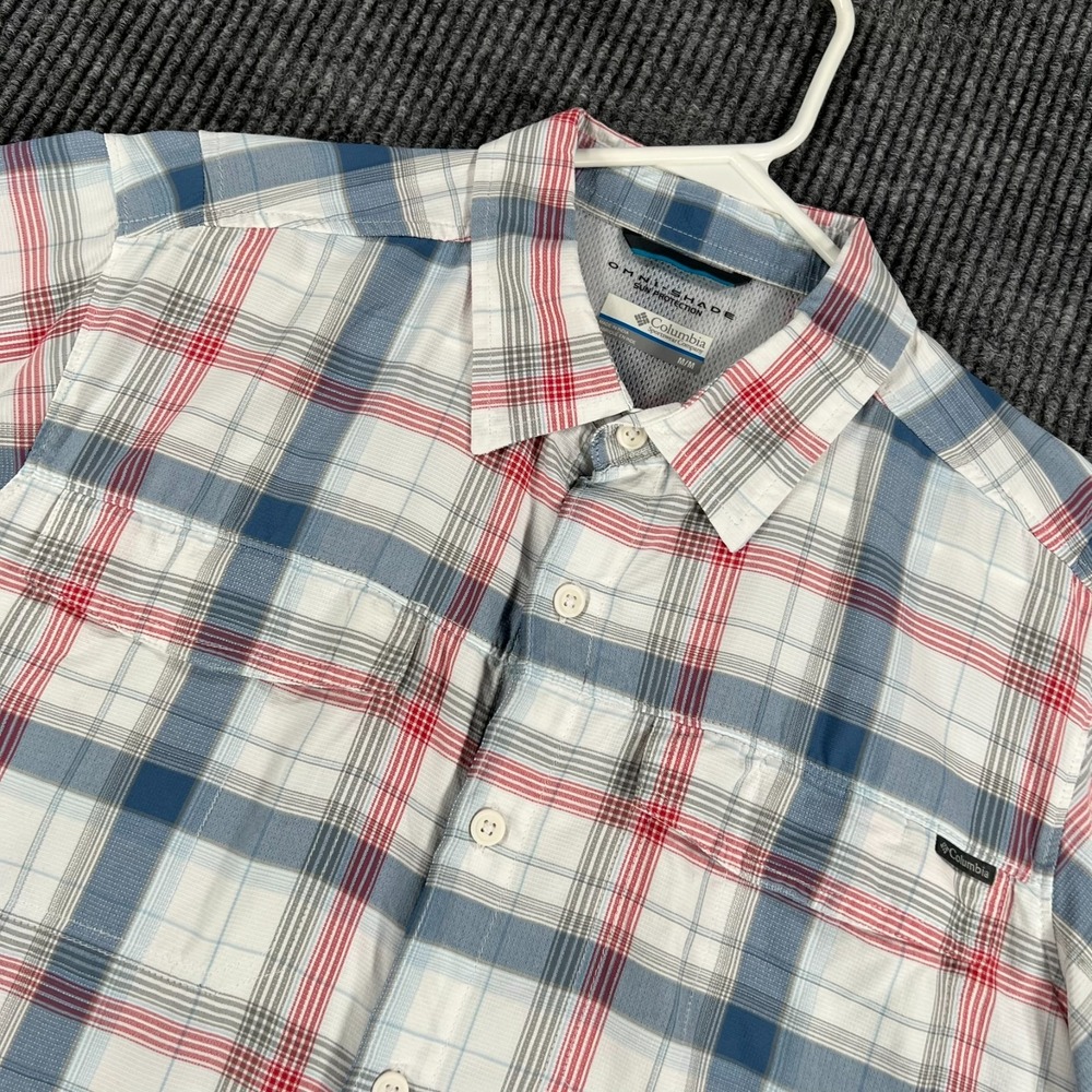 Columbia Shirt Mens Medium White Red Blue Plaid Short Sleeve Button Up Fishing